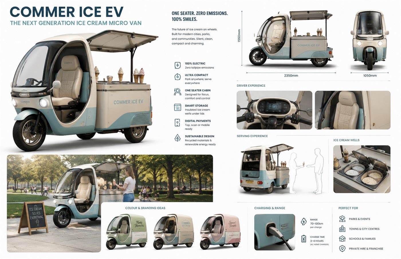 Commer Ice EV concept — pastel electric ice cream micro-van with lift-up serving canopy and insulated wells