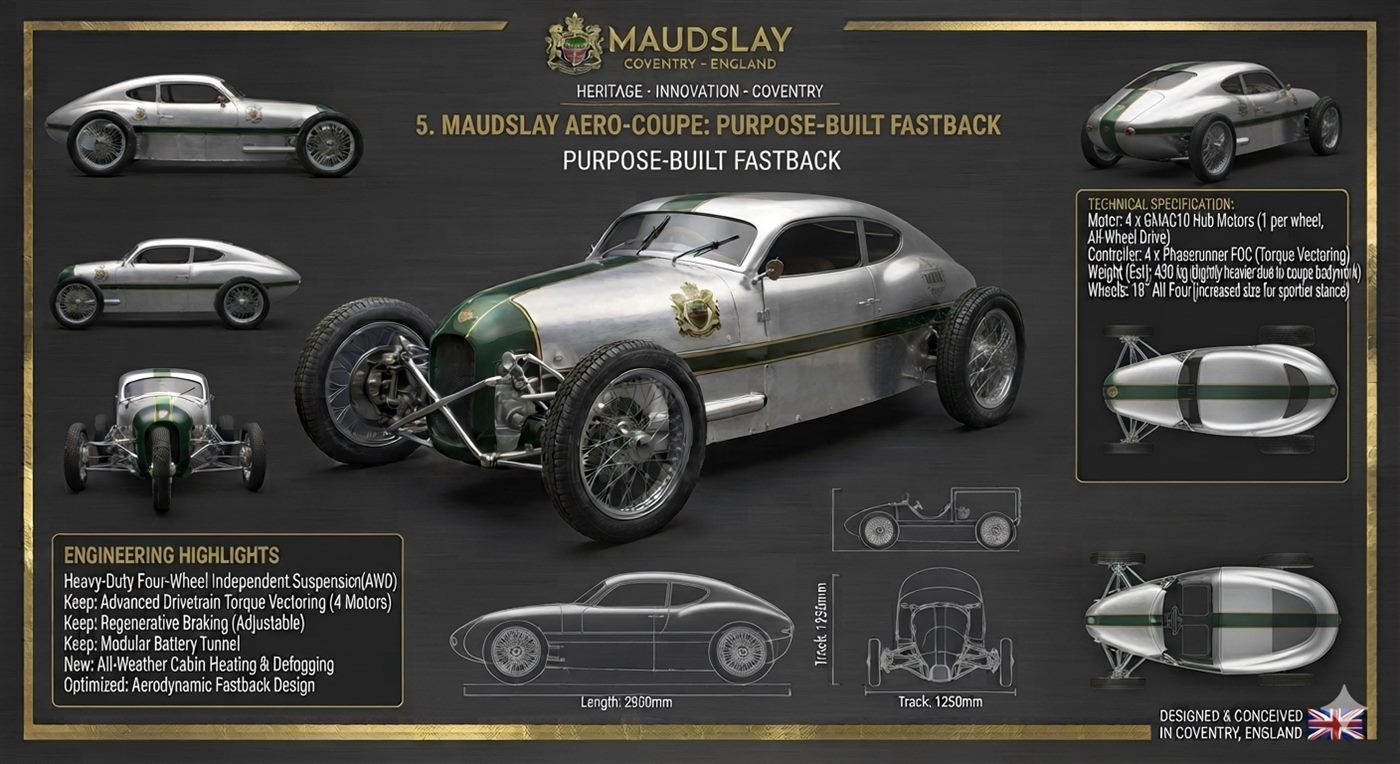 Maudslay Aero-Coupe styling study — streamlined fastback concept in polished aluminium and green