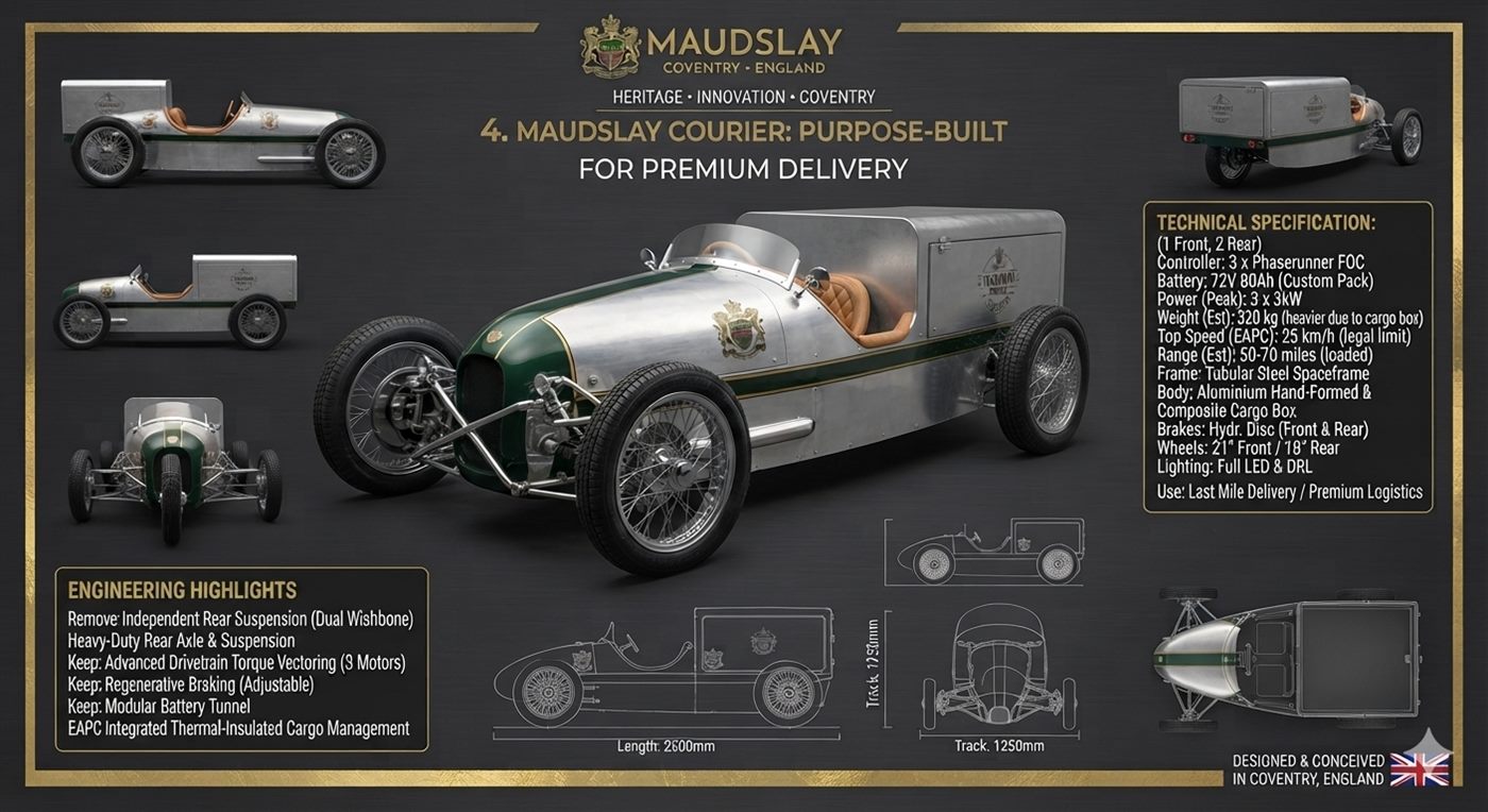 Maudslay Carrier concept — vintage-styled electric delivery trike with liveried cargo box