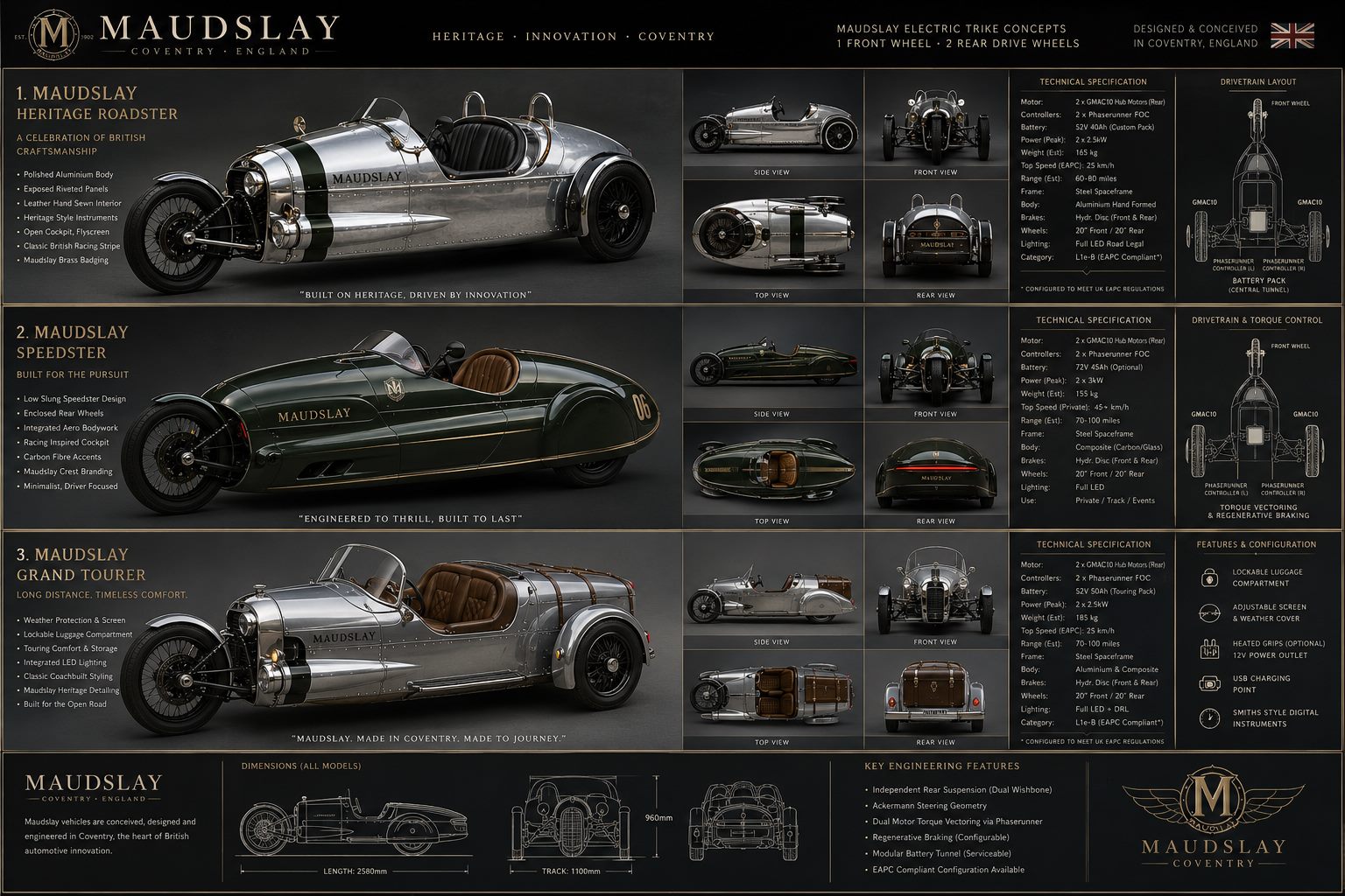 Maudslay electric trike concept board — Heritage Roadster, Speedster and Grand Tourer variants