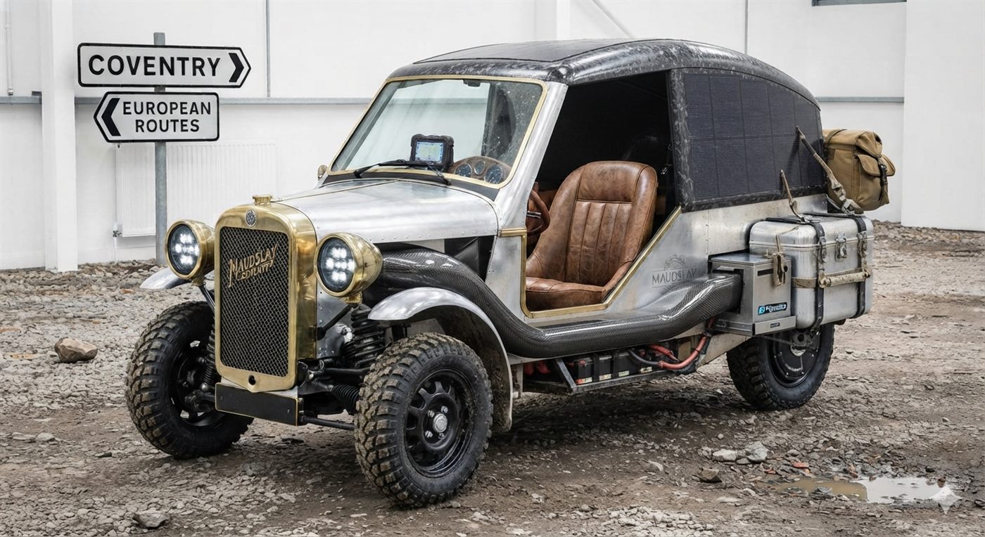 Maudslay Marathon concept — three-wheeled solar-roofed micro-camper for slow travel